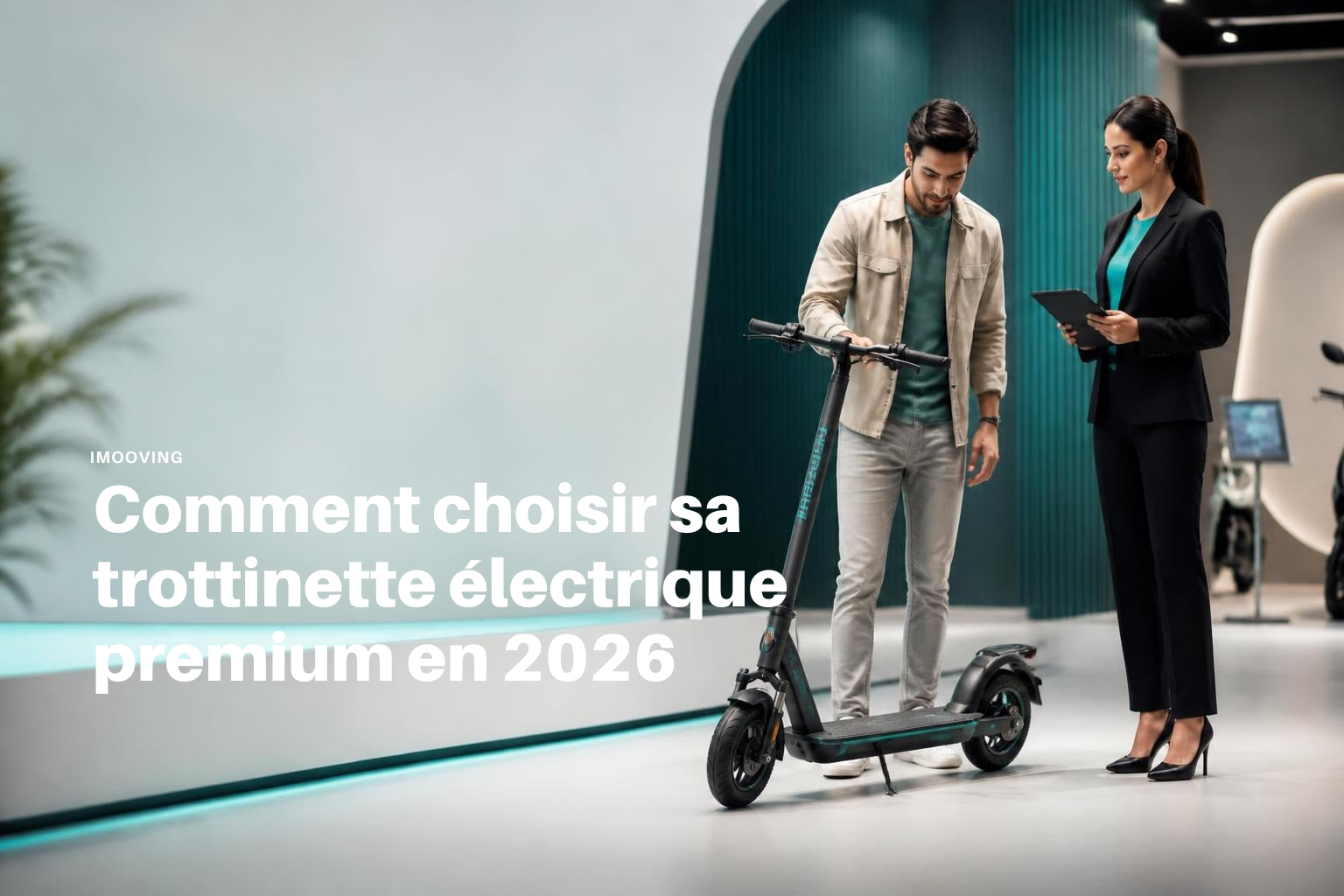 Un conseiller iMooving accompagne un client qui essaie une trottinette électrique premium en boutique